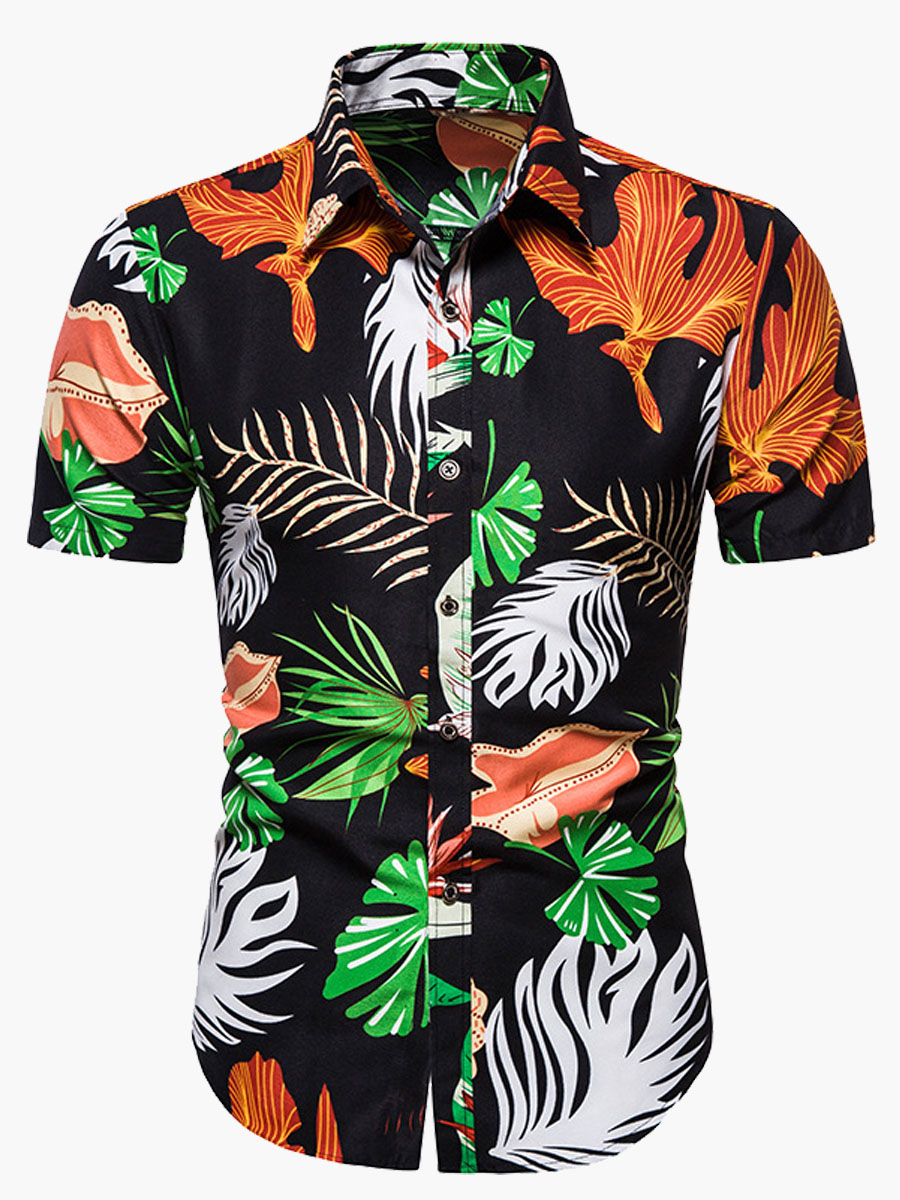 

Lovely Men Boho Turndown Collar Floral Print Black Shirt