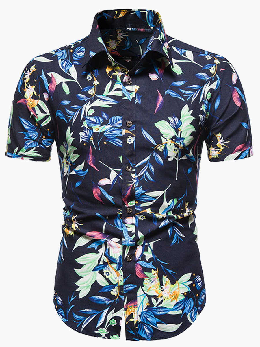 

Lovely Men Boho Turndown Collar Floral Print Navy Blue Shirt
