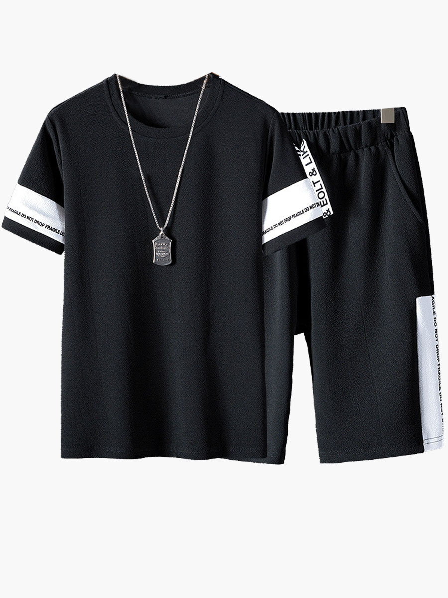 

Lovely Men Casual Letter Print Patchwork Black Two Piece Shorts Set