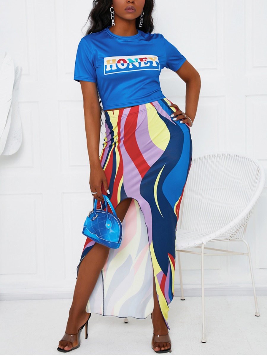 

LW Casual O Neck Letter Graffiti Print Multicolor Two Piece Skirt Set, Multi