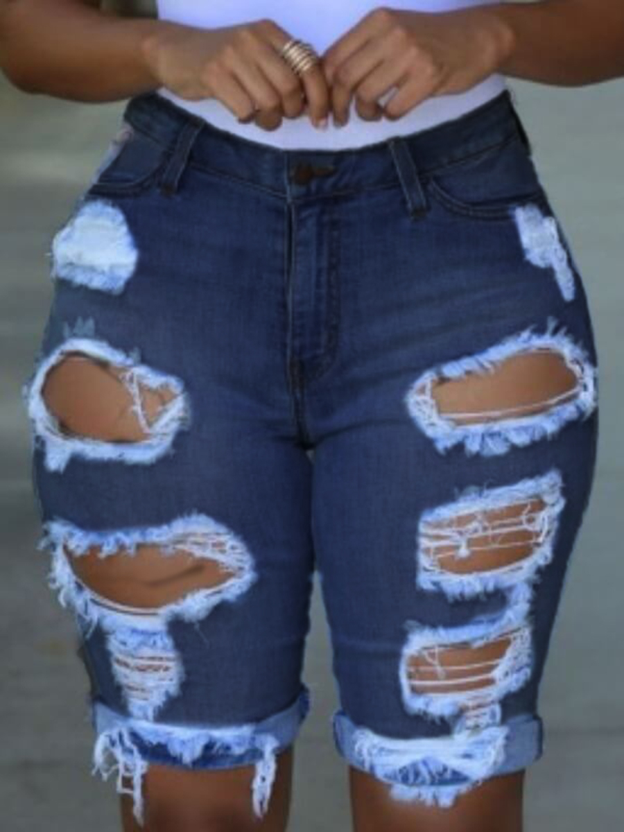 LW Casual Hollow-out Baby Blue Denim Shorts