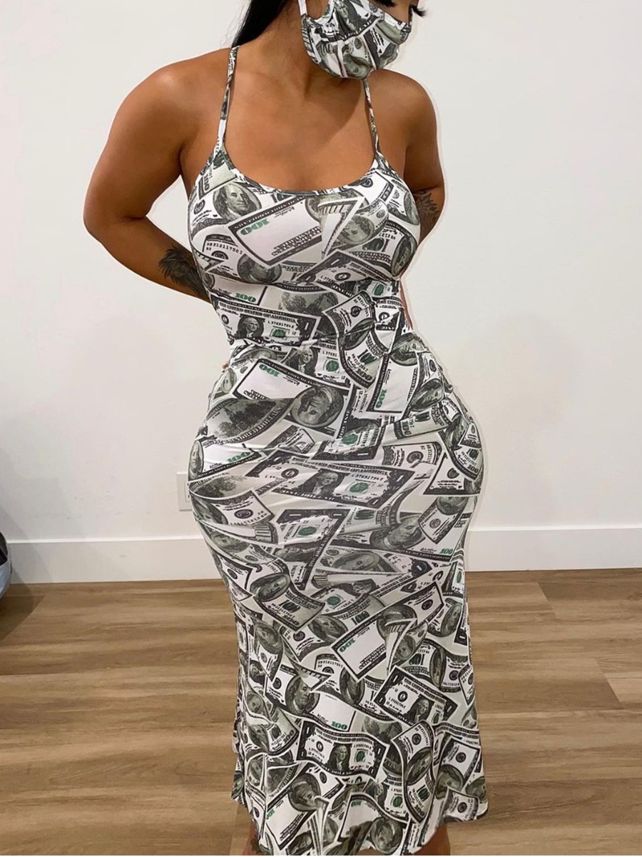 

Lovely Sexy Backless Money Print White Floor Length Dress(Without Mask)