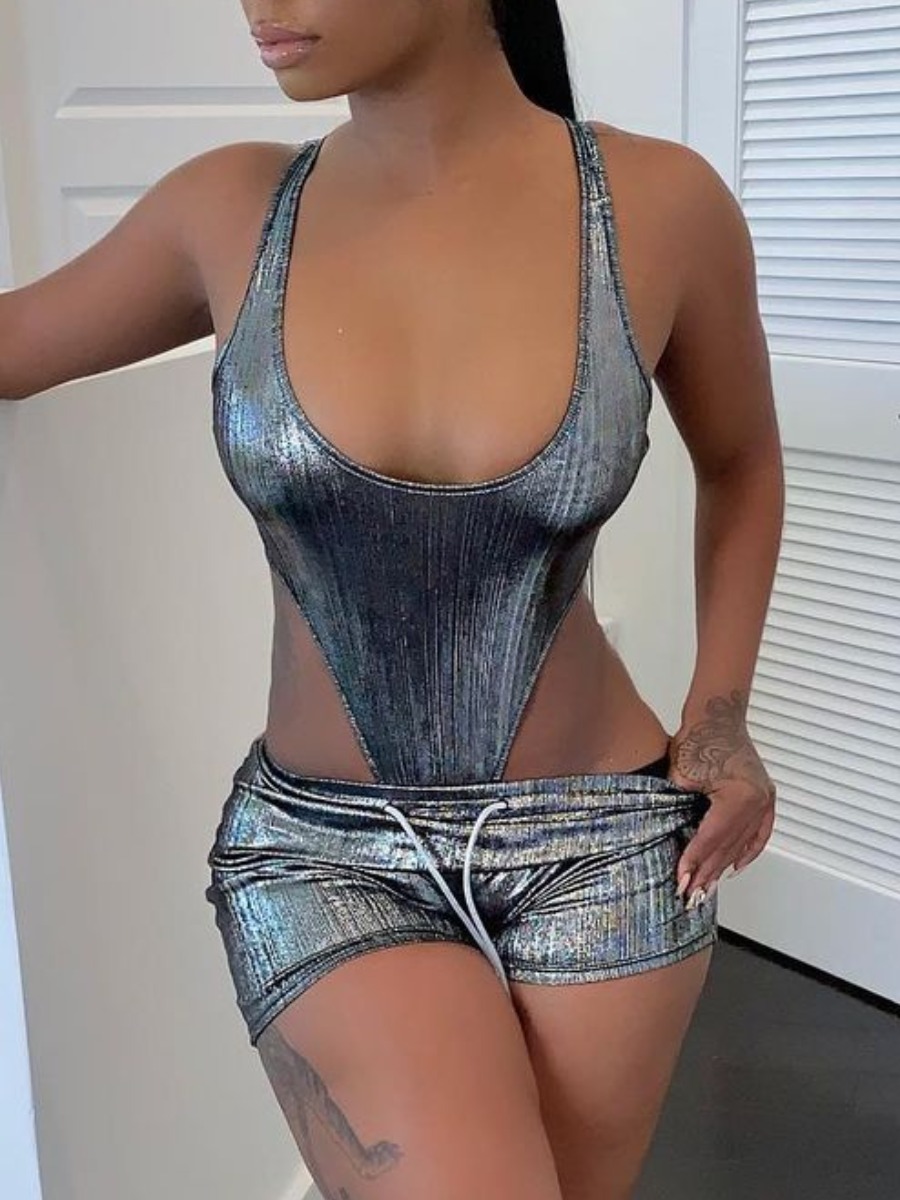 

Lovely Sexy U Neck Drawstring Silver Two Piece Shorts Set
