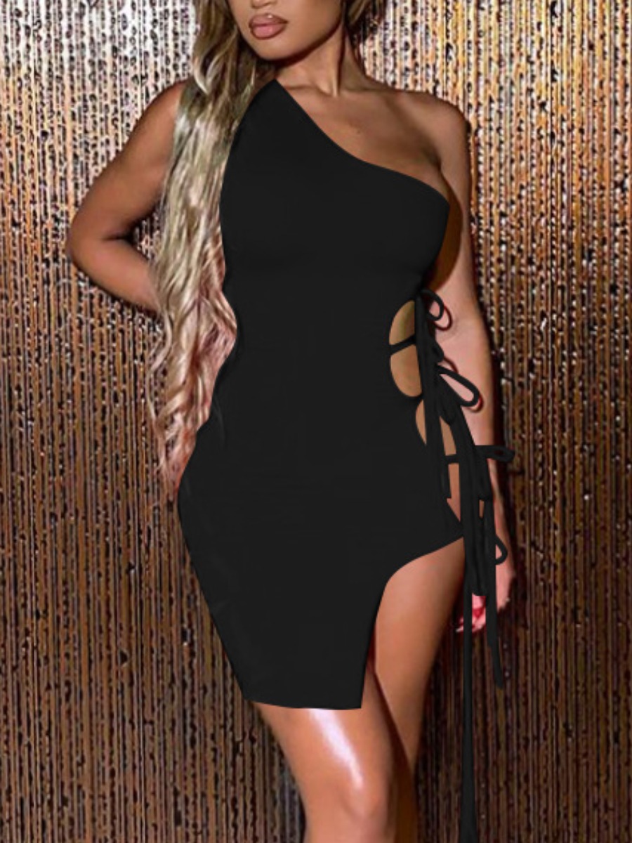 

Lovely Sexy One Shoulder Bandage Hollow-out Design Black Mini Dress