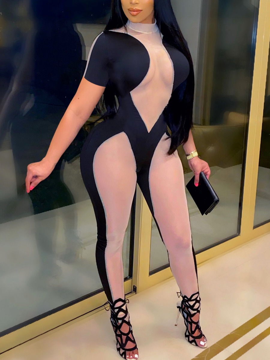 

Lovely Sexy Turtleneck See-through Black One-piece Jumpsuit