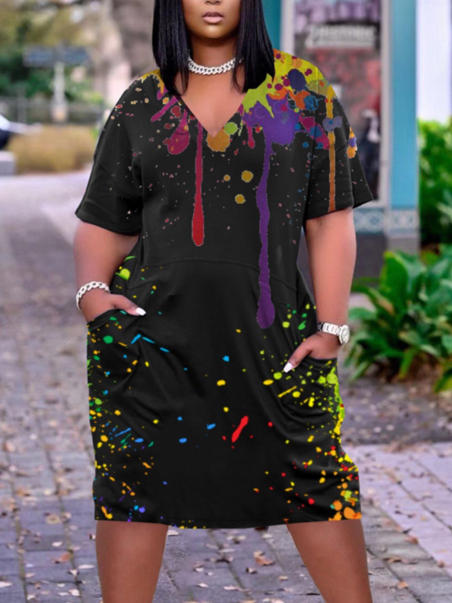 

Lovely Casual V Neck Splash Ink Print Black Knee Length Dress
