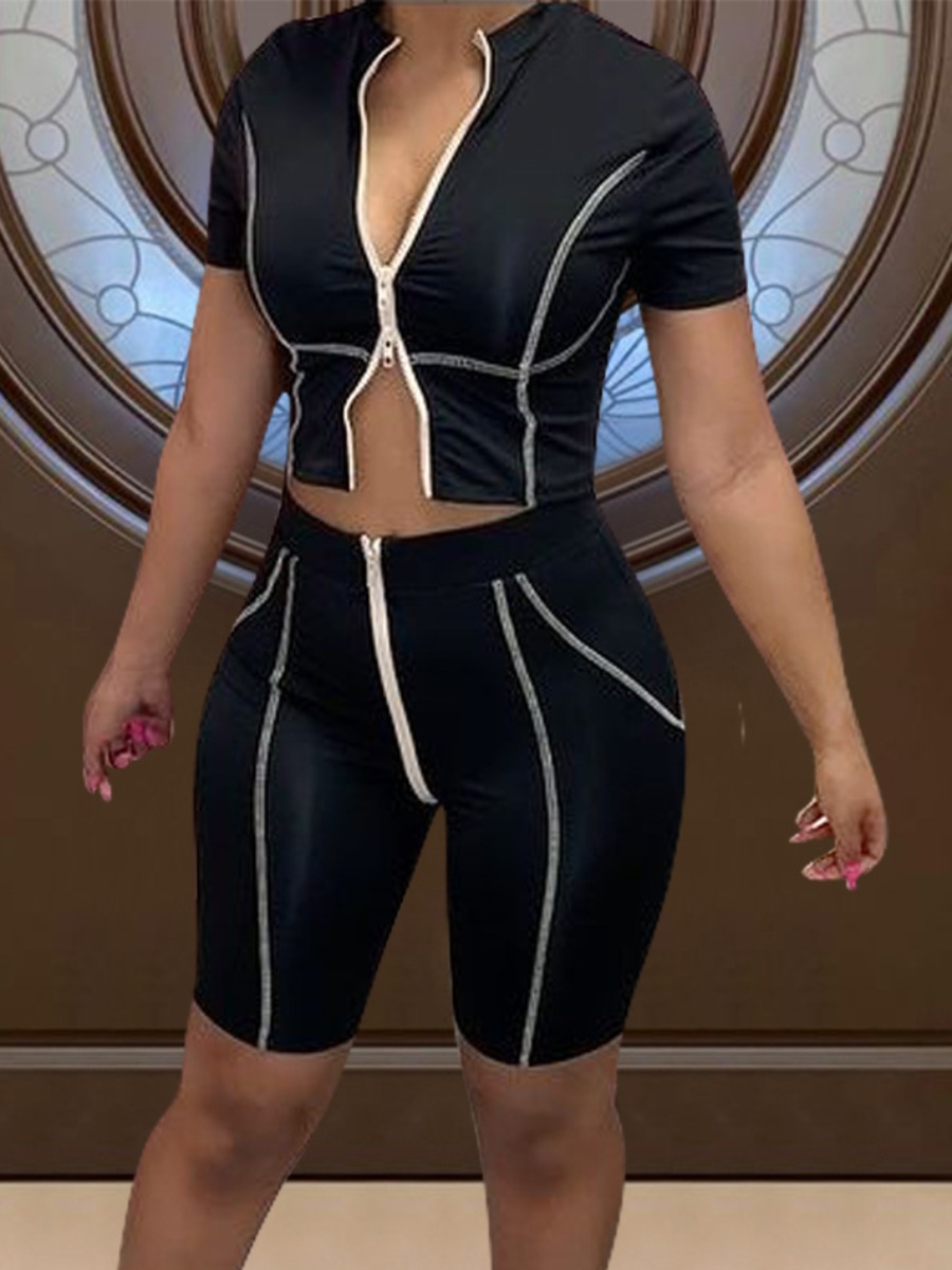 

LW Sporty Striped Zipper Design Black Two Piece Shorts Set