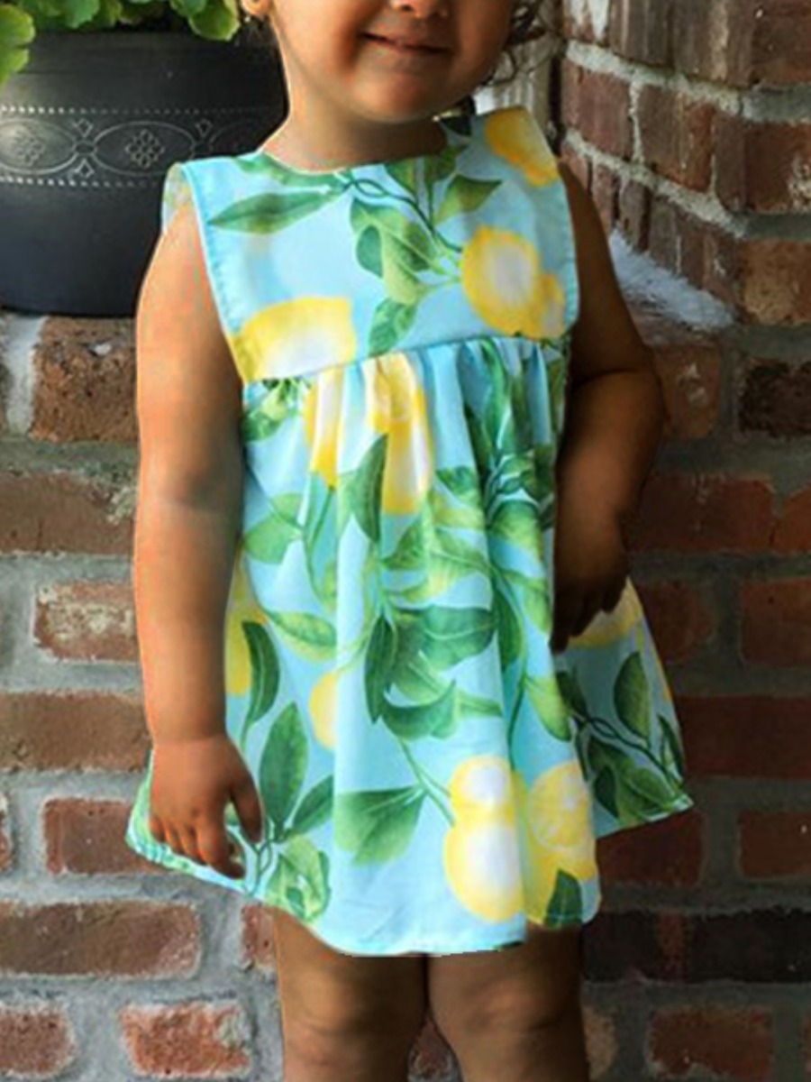

Lovely Girl Sweet Floral Print Flounce Design Baby Blue Knee Length Dress