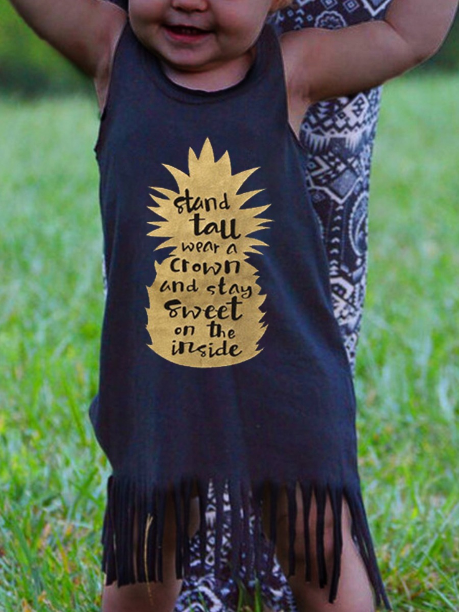 

Lovely Girl Casual Letter Print Tassel Design Black Knee Length Dress