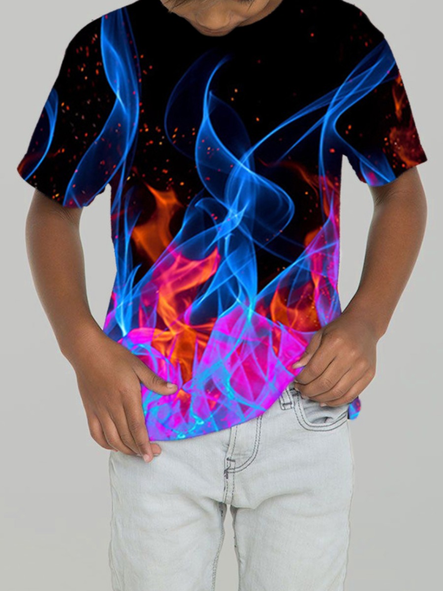 

Lovely Boy Street O Neck Flame Print Black T-shirt