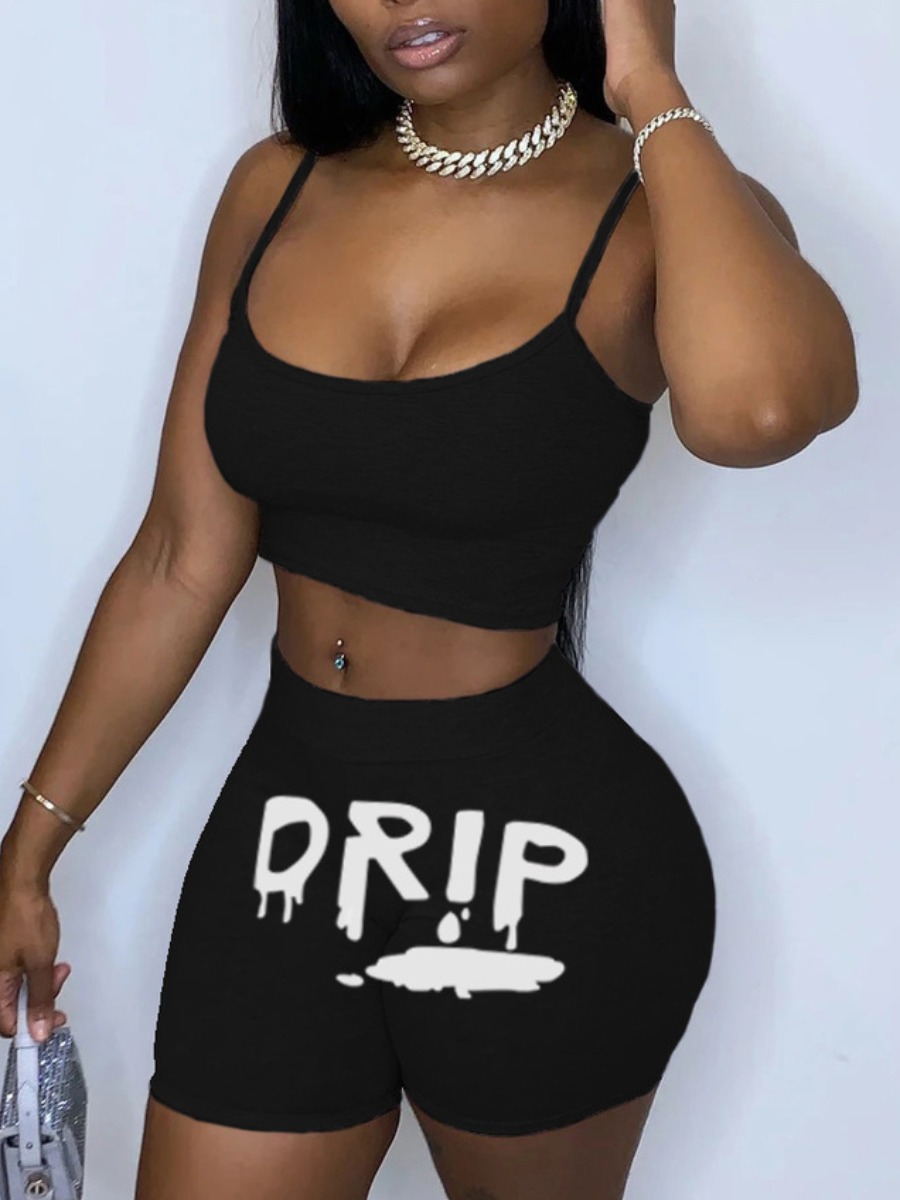 

Lovely Casual U Neck Letter Print Black Two Piece Shorts Set