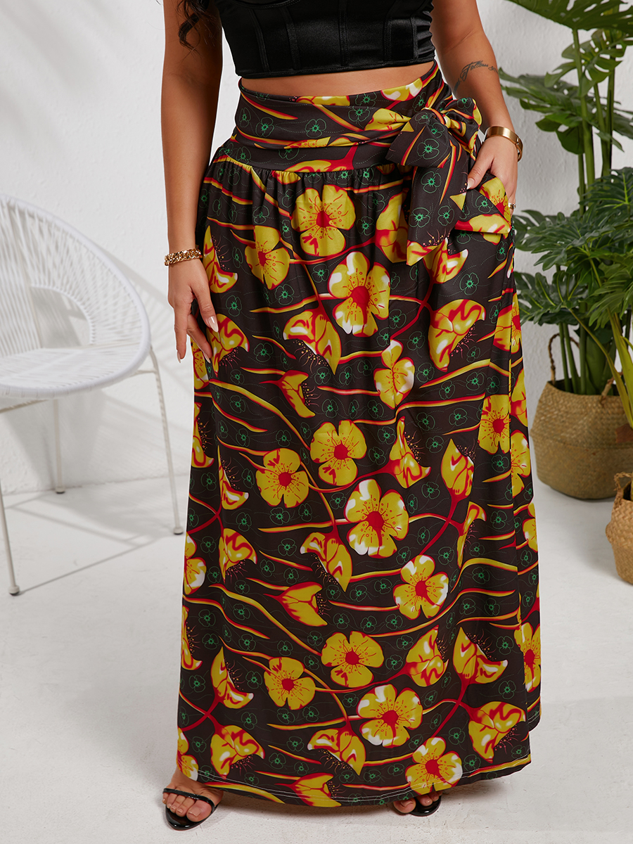 

Lovely Boho Floral Print Bandage Design Yellow Floor Length A Line Skirt
