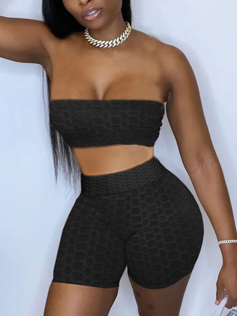 

Lovely Sporty Off The Shoulder Skinny Black Two Piece Shorts Set