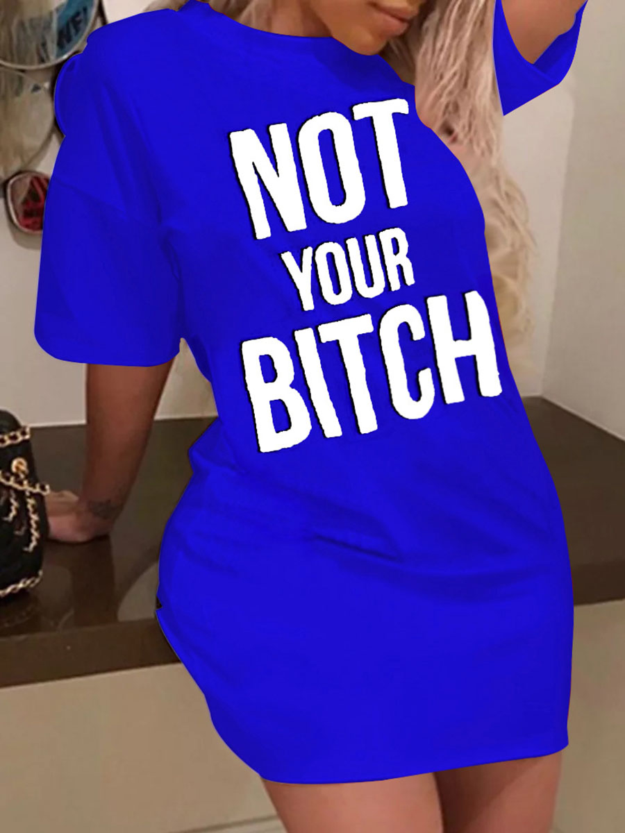 

Lovely Plus Size CasualO Neck Letter Print Blue Mini Dress