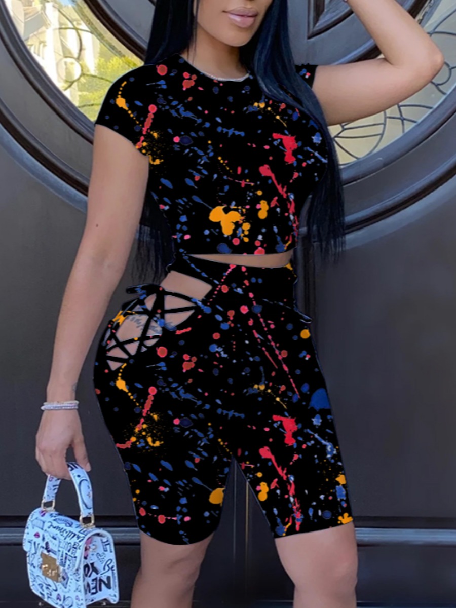 

Lovely Casual Splash Ink Bandage Hollow-out Design White Two Piece Shorts Set, Black