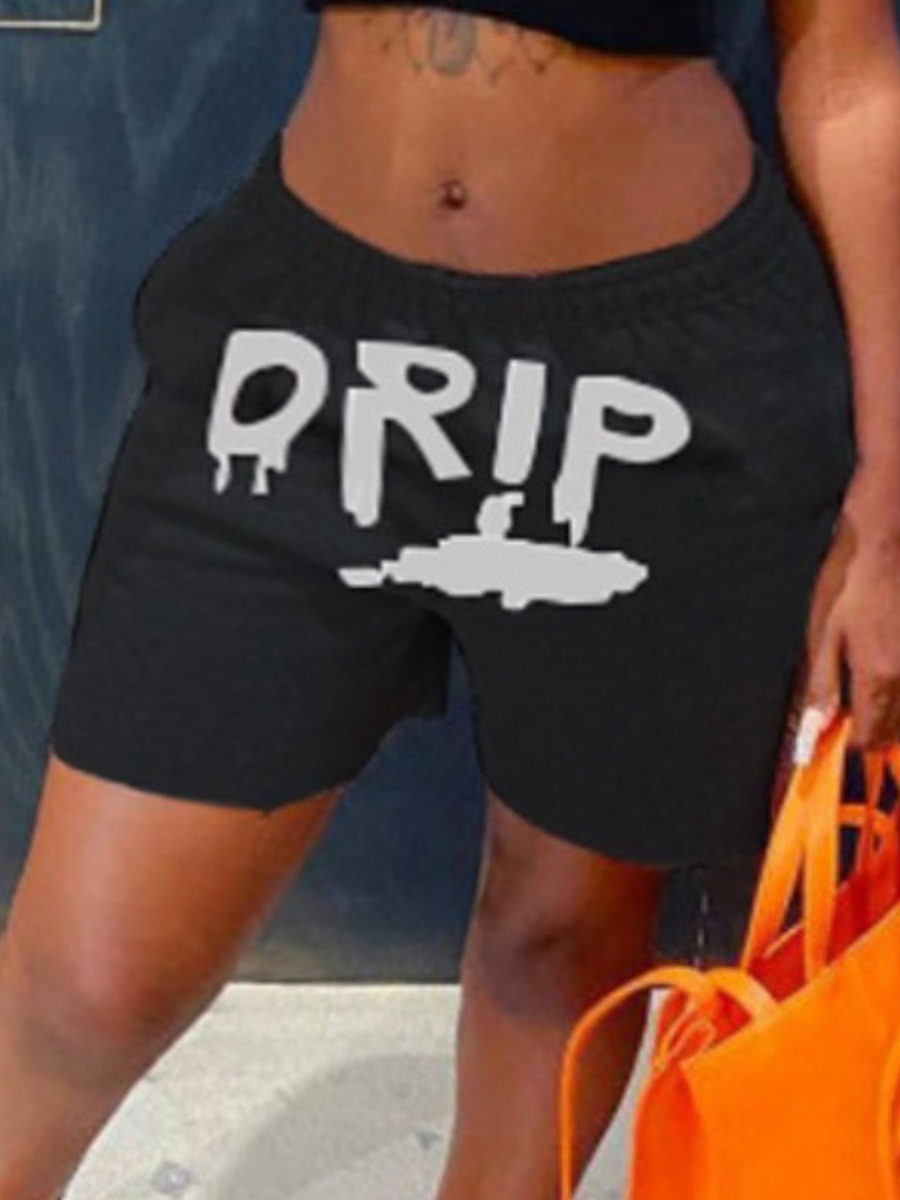 

Lovely Plus Size Casual Mid Waist Letter Print Black Shorts