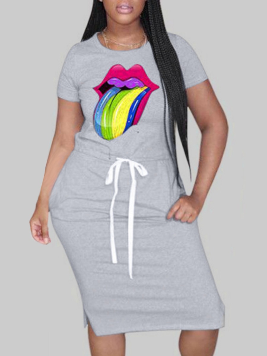 

LW Casual Lip Print Light Grey Knee Length Dress
