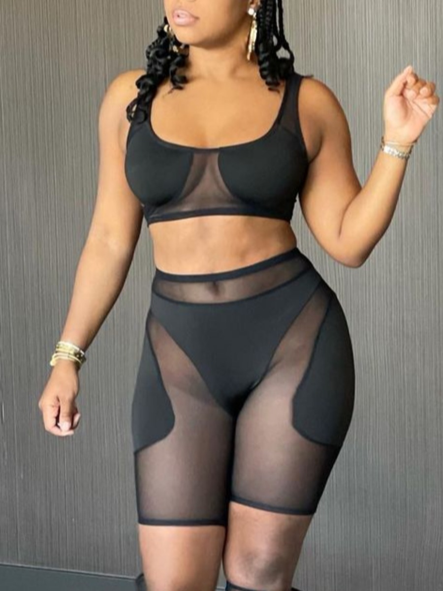 

Lovely Sexy U Neck See-through Black Two Piece Shorts Set