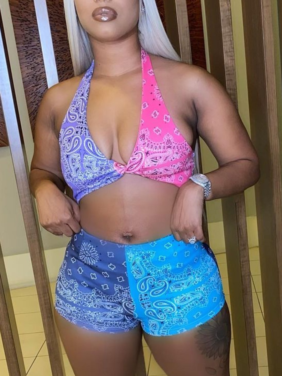 

Lovely Casual Cashew Print Twisted Multicolor Two Piece Shorts Set, Multi
