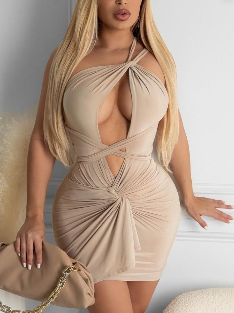 

Lovely Sexy Bandage Hollow-out Design Apricot Mini Dress