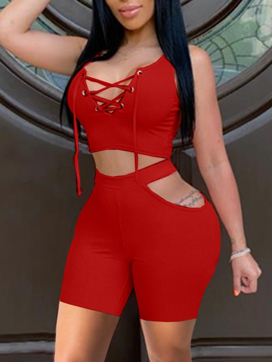 

Lovely Sexy Bandage Hollow-out Design Red Two Piece Shorts Set