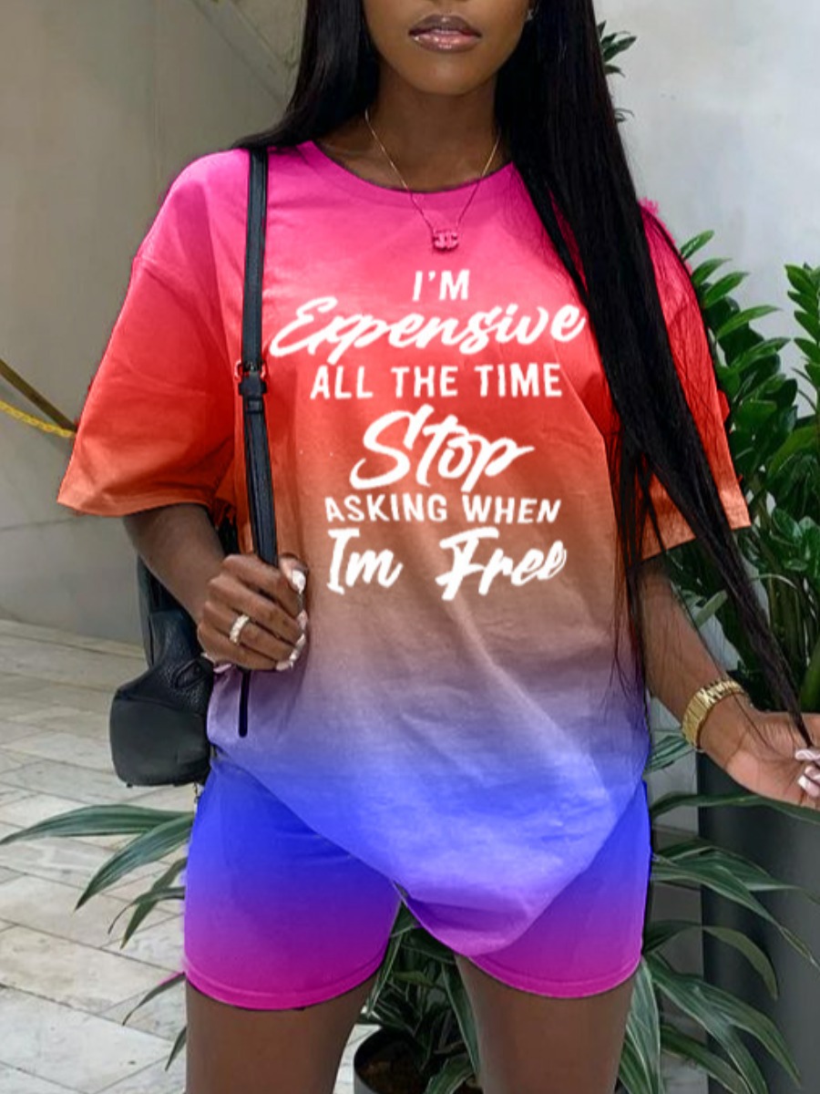 

Lovely Street Letter Print Tie Dye Red Two Piece Shorts Set