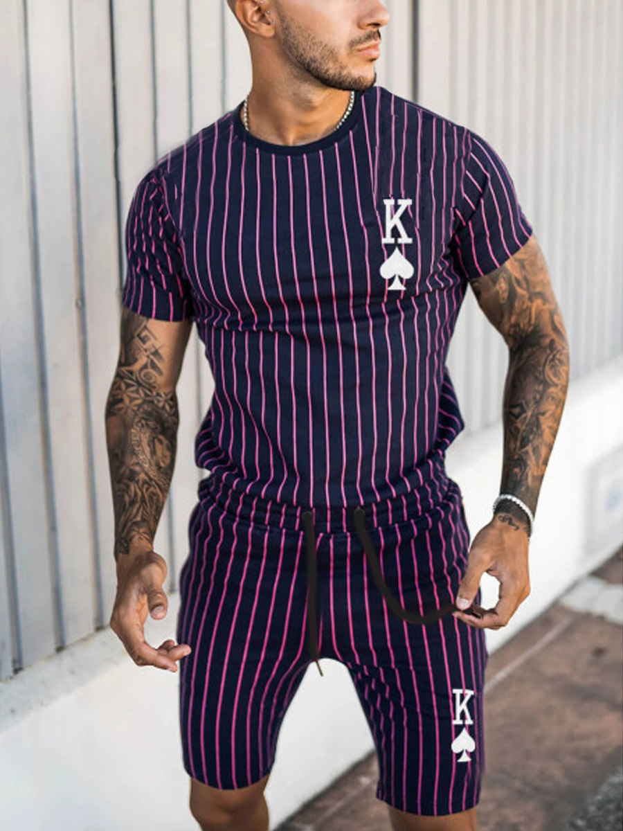 

LW Men Casual Letter Poker Print Striped Drawstring Shorts Set, Deep blue