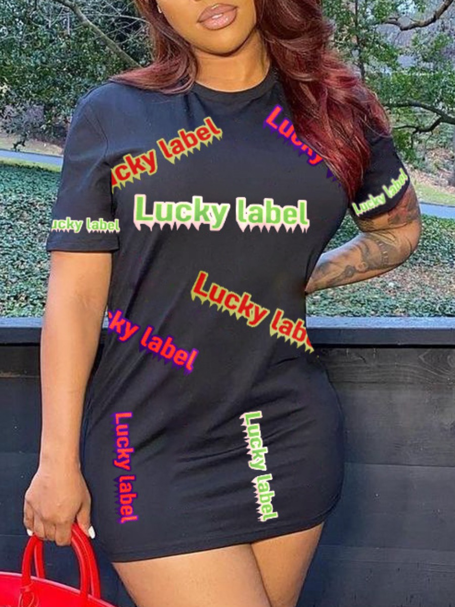 

Lovely Casual O Neck Letter Print Black Mini Dress