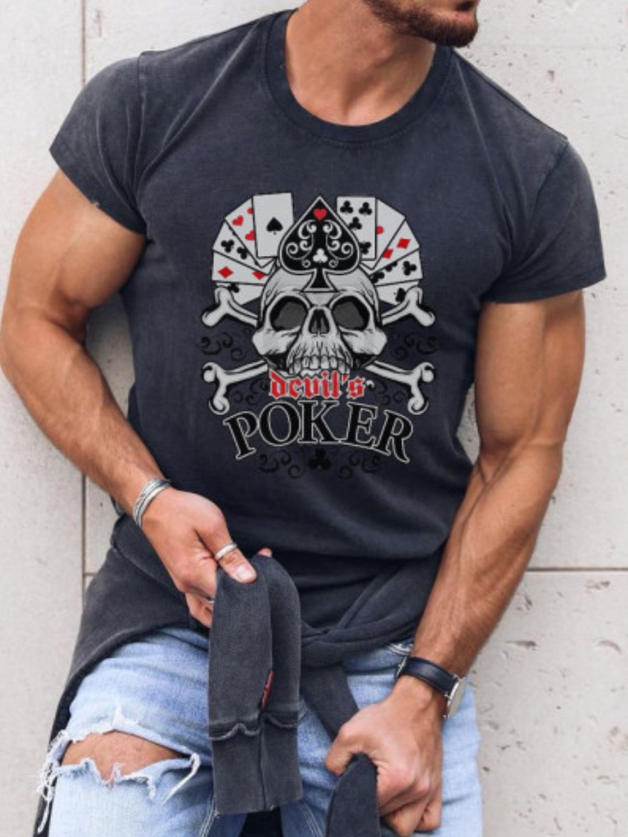 

Lovely Men Casual Skull Head Letter Print Deep Blue T-shirt