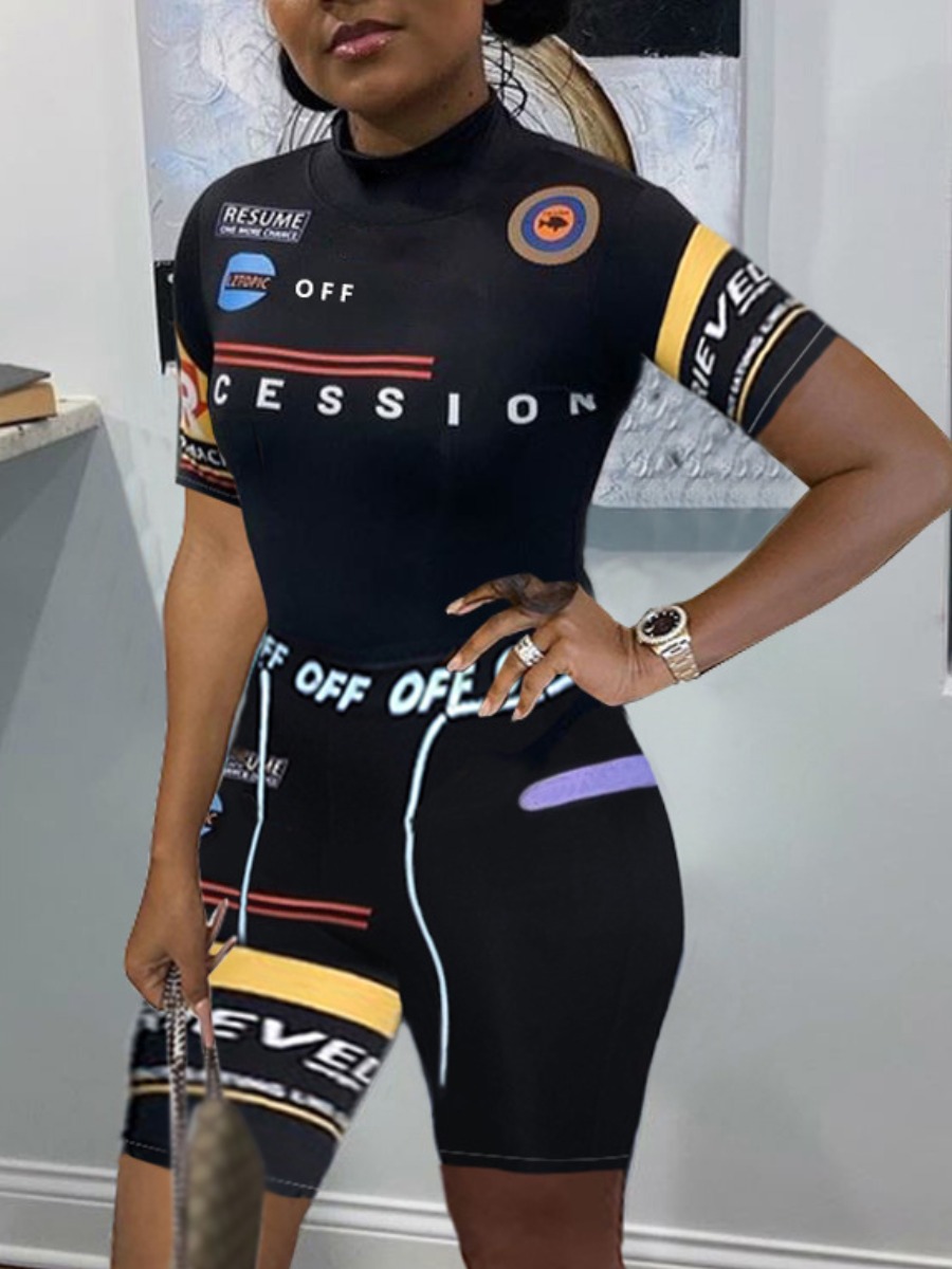 

Lovely Sporty Letter Print Patchwork Black Two Piece Shorts Set