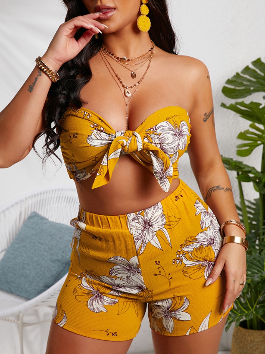 

Lovely Boho Floral Print Bandage Design Yellow Two Piece Shorts Set