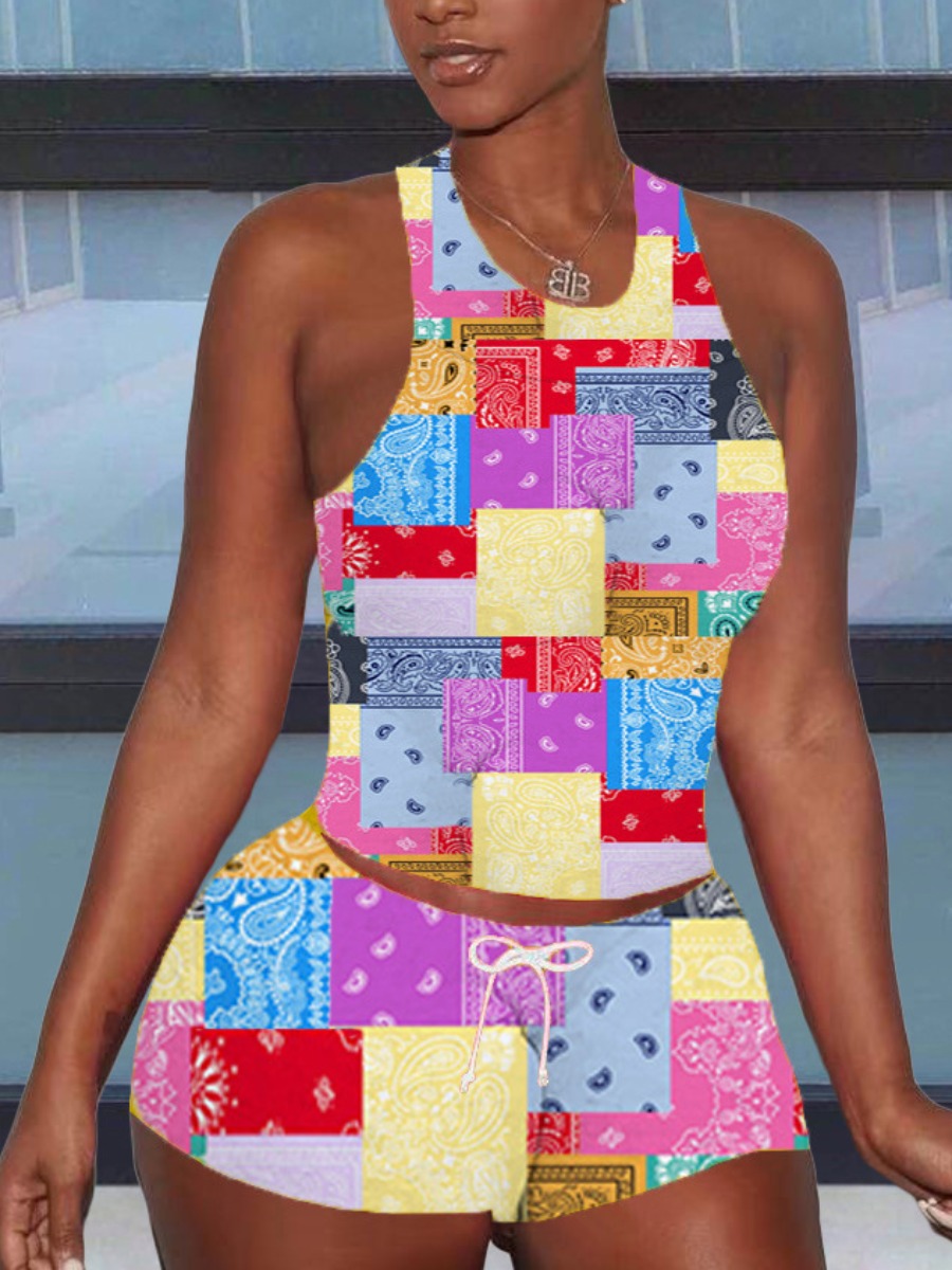 

Lovely Street Cashew Print Color-lump Yellow Two Piece Shorts Set