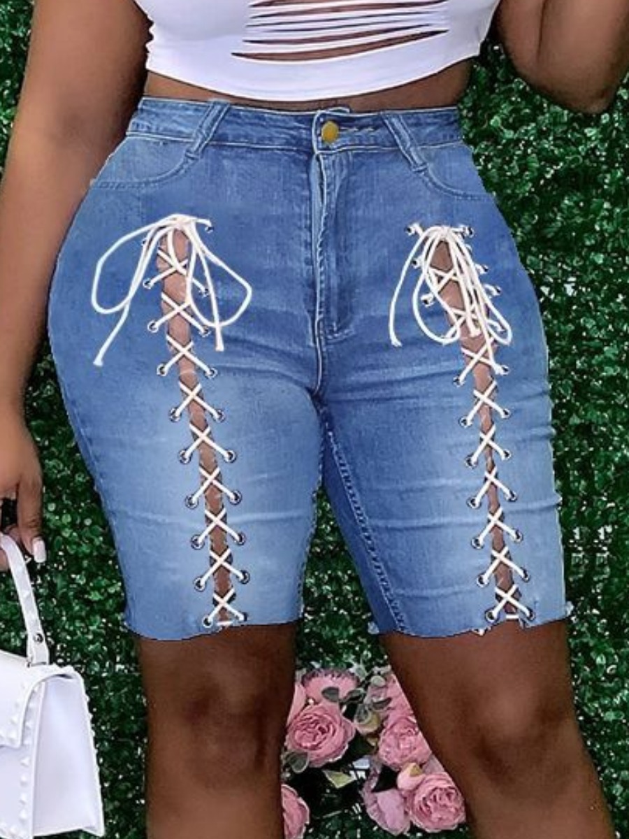 

Lovely Plus Size Street Bandage Hollow-out Design Deep Blue Denim Shorts