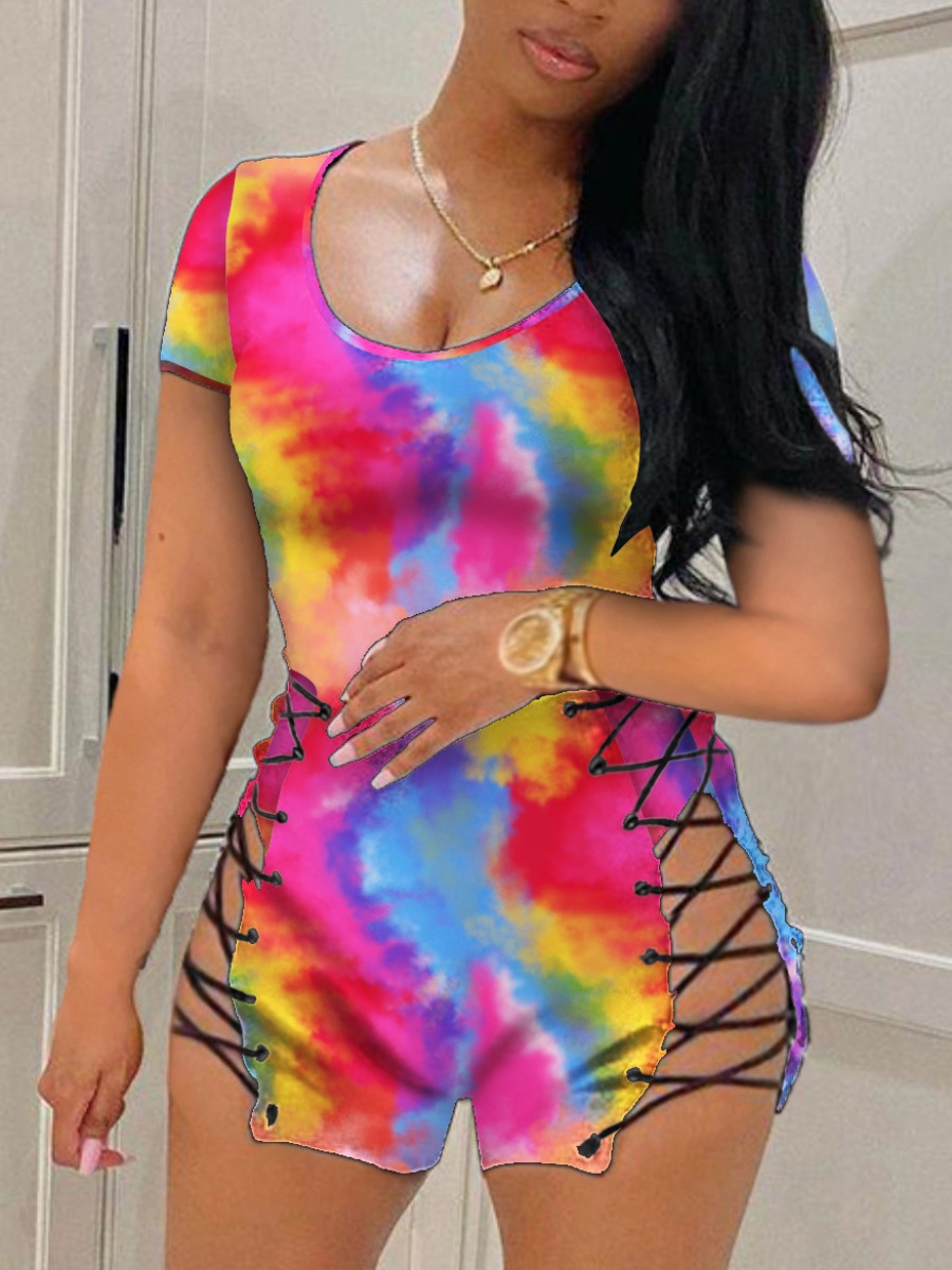 

Lovely Street Tie-dye Bandage Hollow-out Design Multicolor One-piece Romper, Multi