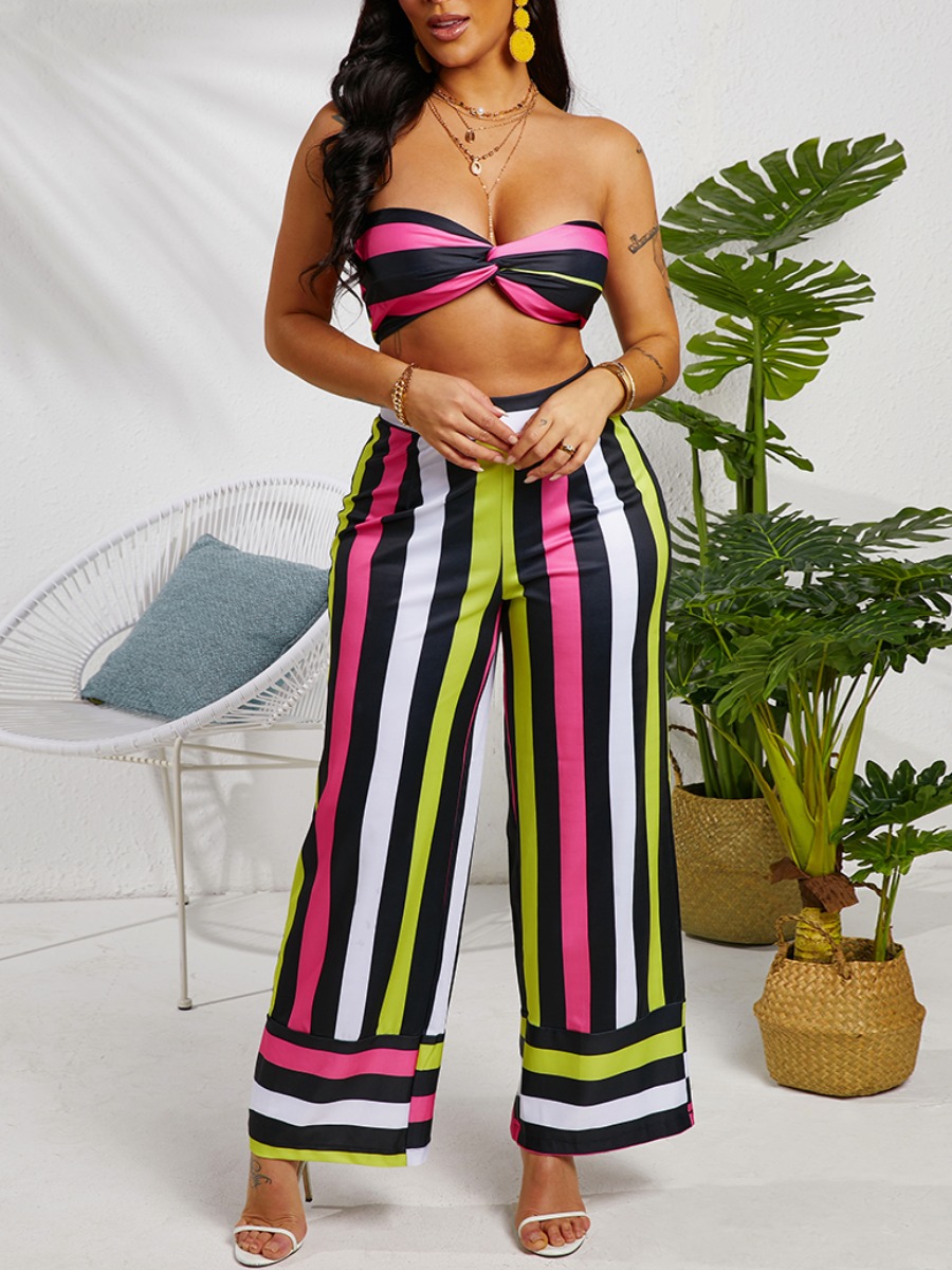 

Lovely Boho Off The Shoulder Striped Multicolor Two Piece Pants Set, Multi