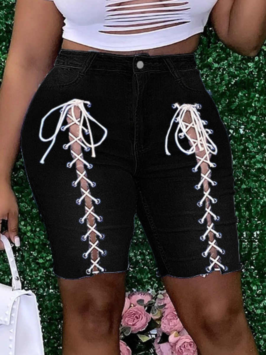 

Lovely Plus Size Street Bandage Hollow-out Design Black Denim Shorts