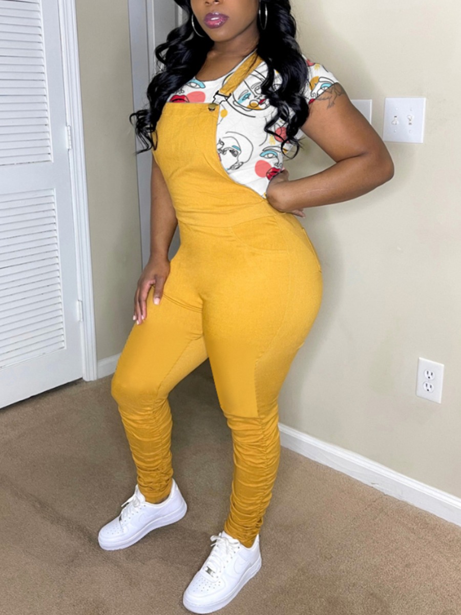 

Lovely Casual Graffiti Print Suspender Yellow Two Piece Pants Set