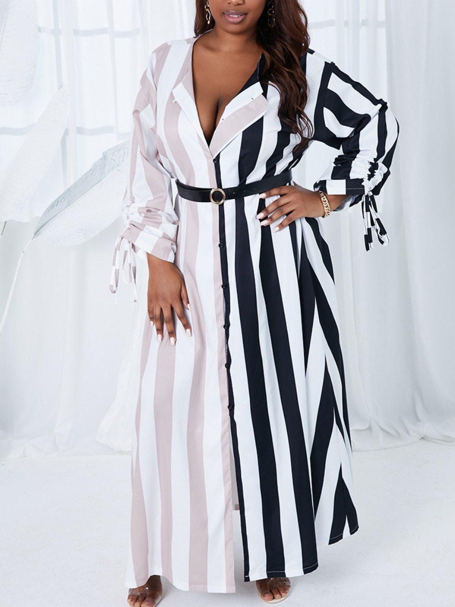 

Lovely Plus Size Boho Striped Black Floor Length A Line Dress(Without Belt)