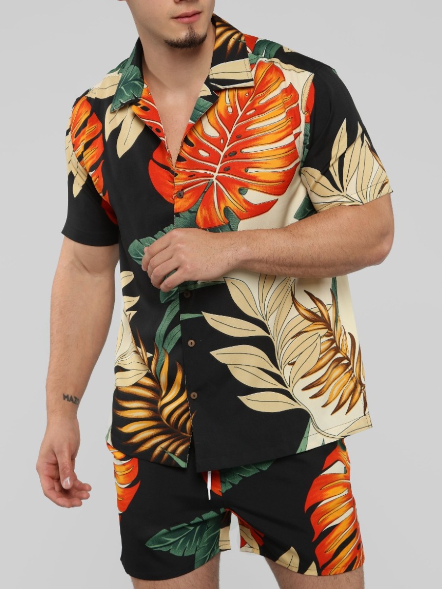 

LW Men Boho Floral Print Patchwork Multicolor Two Piece Shorts Set, Multi