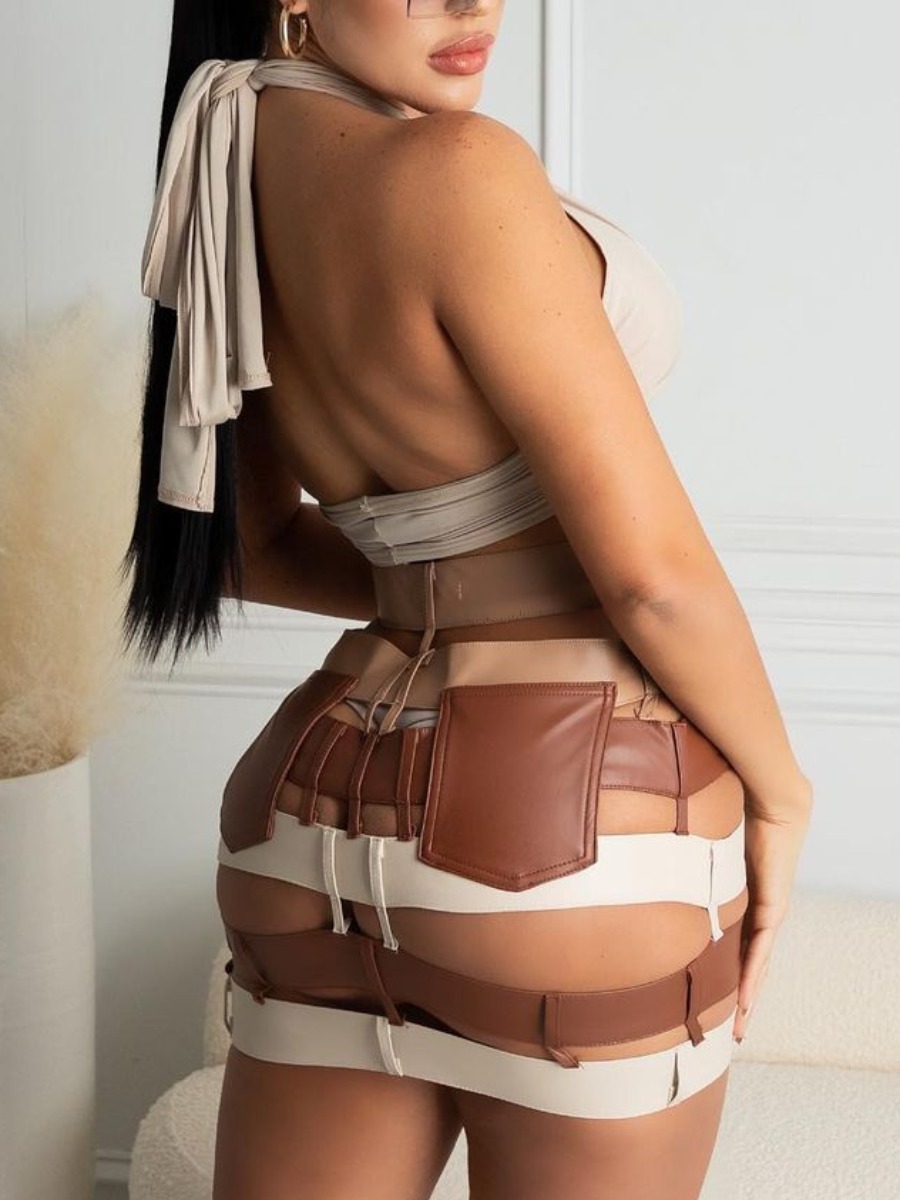 Lovely Sexy Backless Button Design Hollow-out Coffee Two Piece Skirt Set