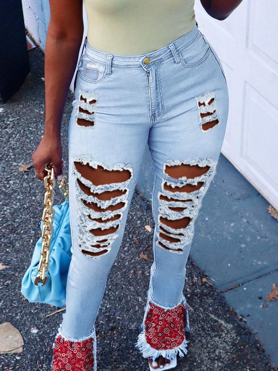 

LW High Stretchy Print Ripped Flared Baby Blue Jeans