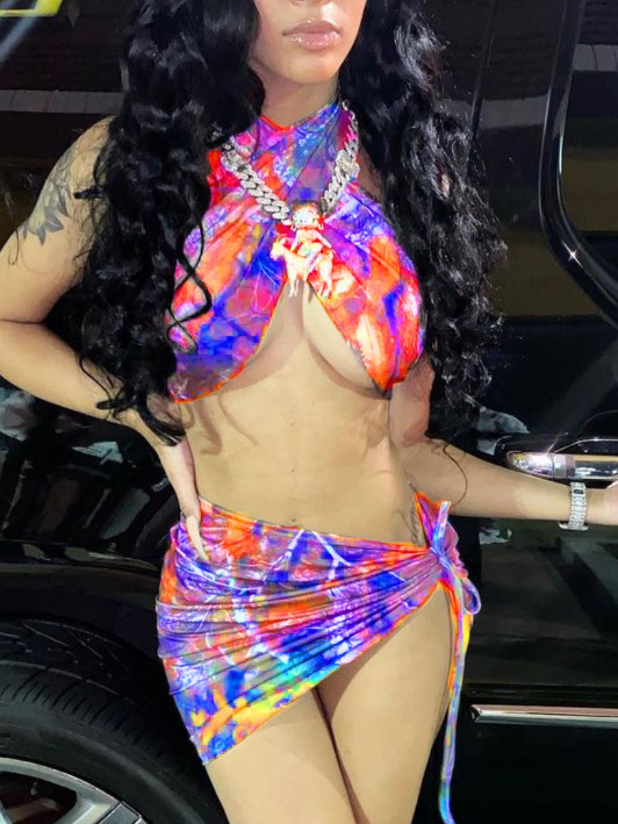 

Lovely Sexy Bandage Fold Design See-through Purple Two Piece Skirt Set