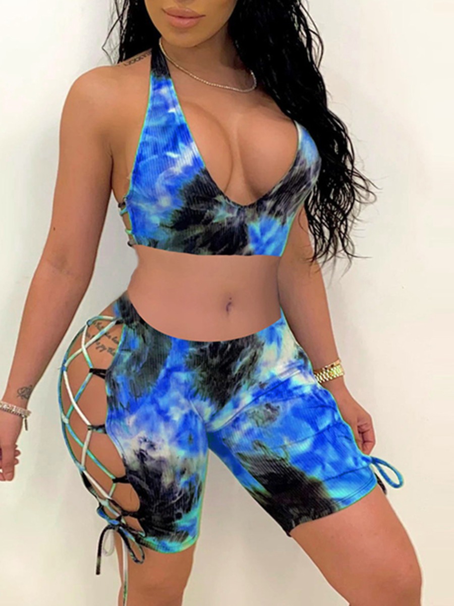 

Lovely Sexy Tie Dye Bandage Hollow-out Design Blue Two Piece Shorts Set