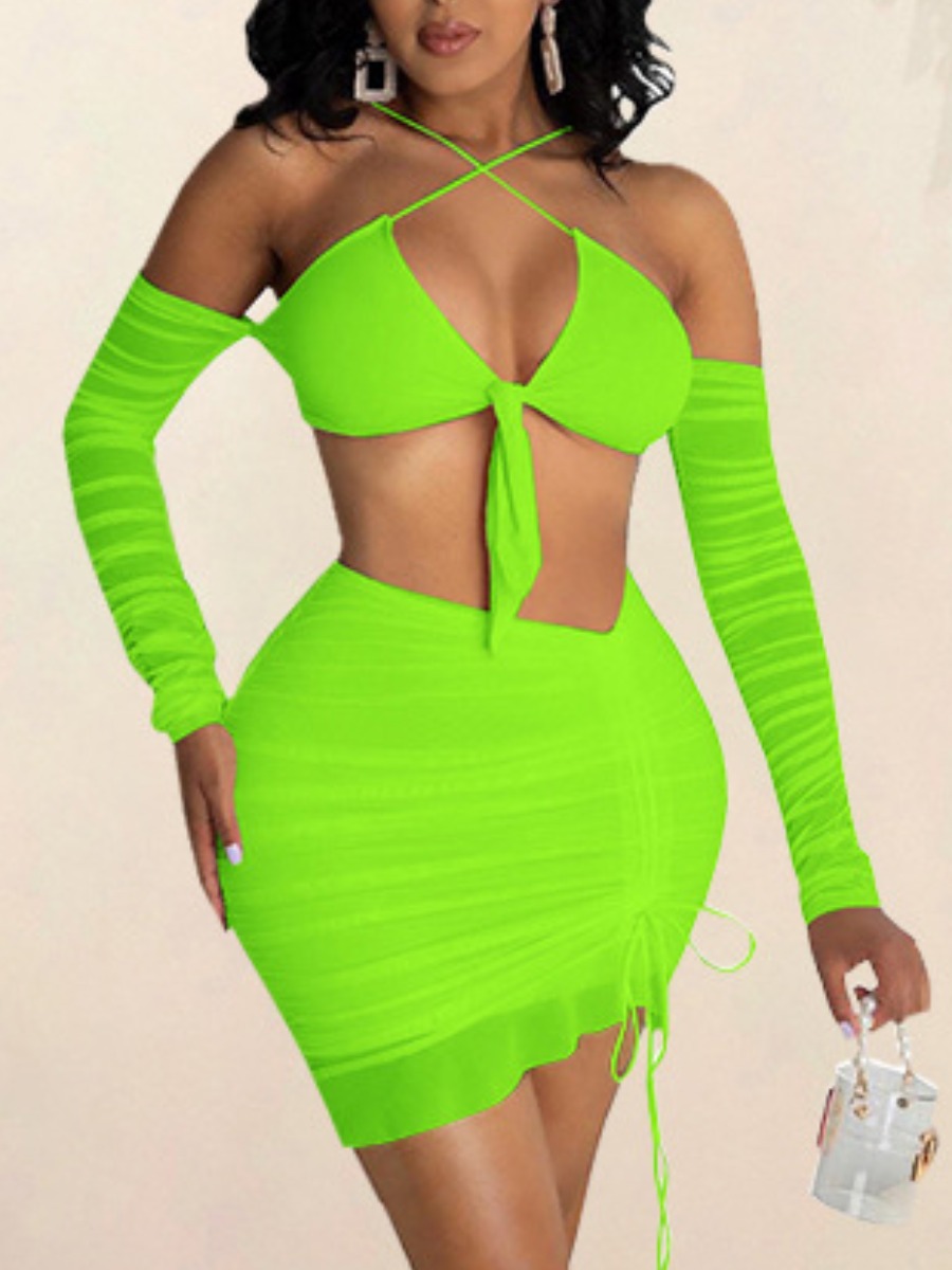 

Lovely Sexy Drawstring Bandage Design Green Two Piece Skirt Set