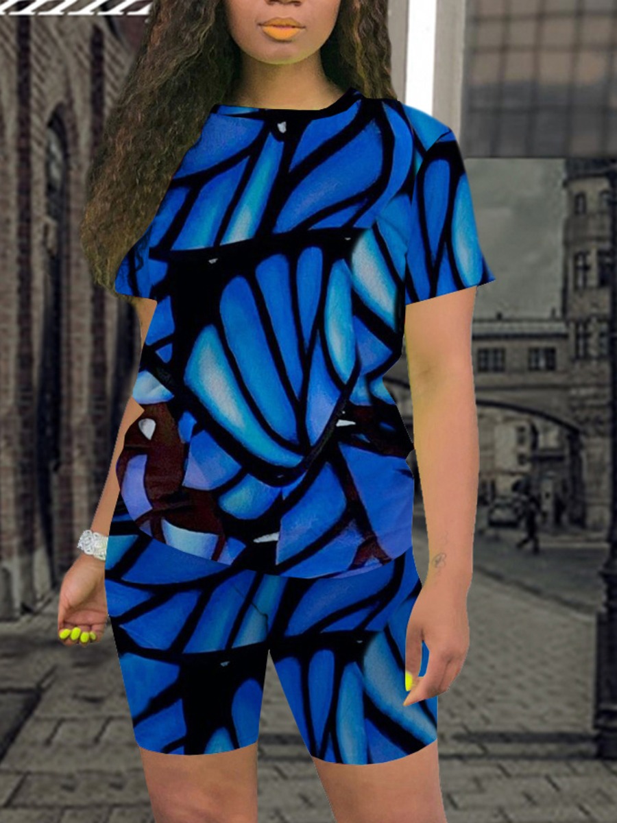 

Lovely Casual O Neck Butterfly Print Blue Two Piece Shorts Set