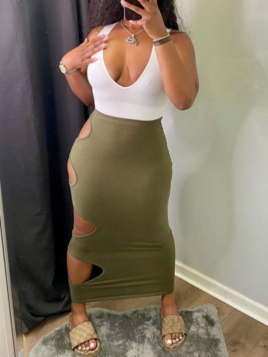

Lovely Sweet U Neck Hollow-out Green Two Piece Skirt Set