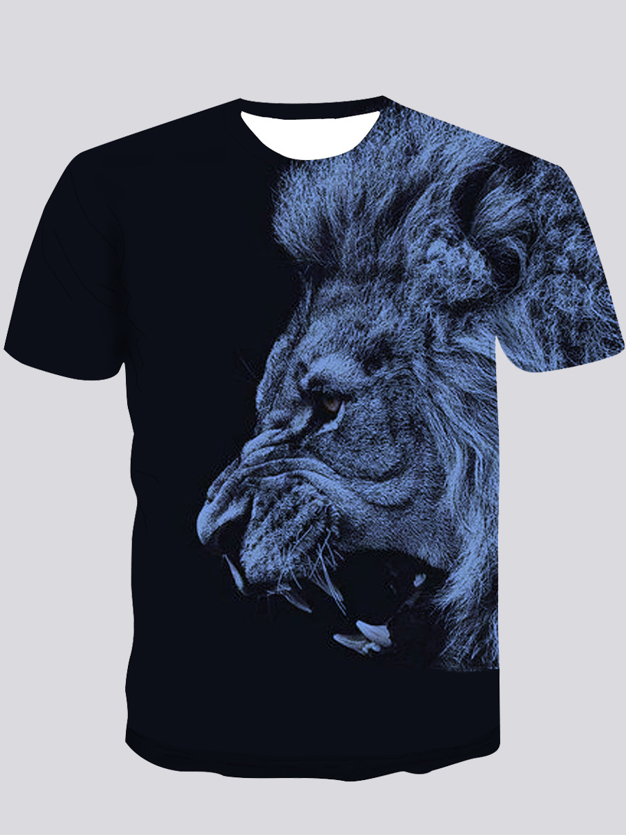 Lovely Men Street O Neck Lion Print Black T-shirt