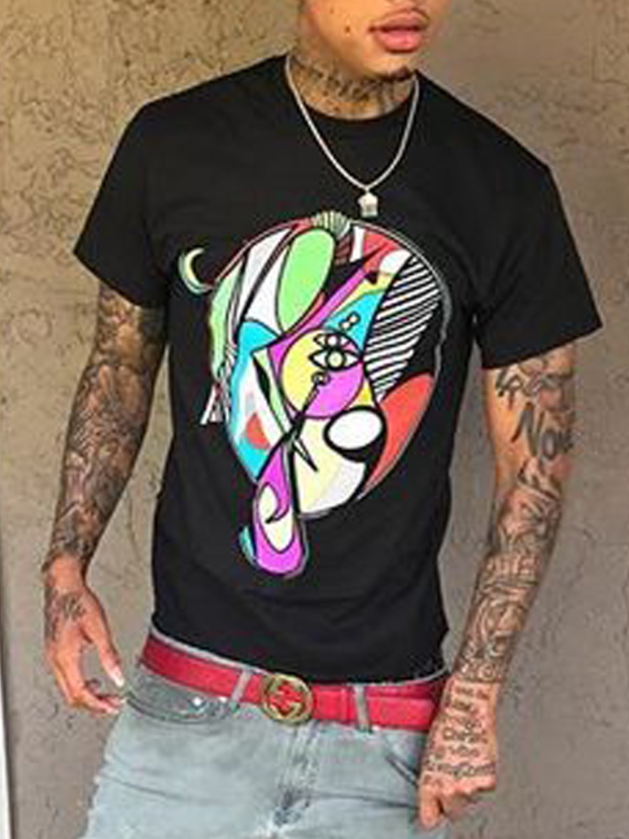 

Lovely Men Casual O Neck Cartoon Print Black T-shirt