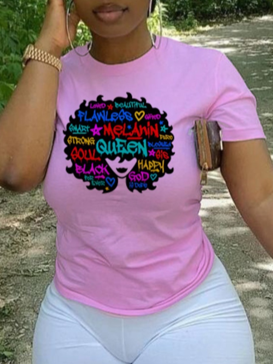 

Lovely Street O Neck Letter Print Pink Plus Size T-shirt