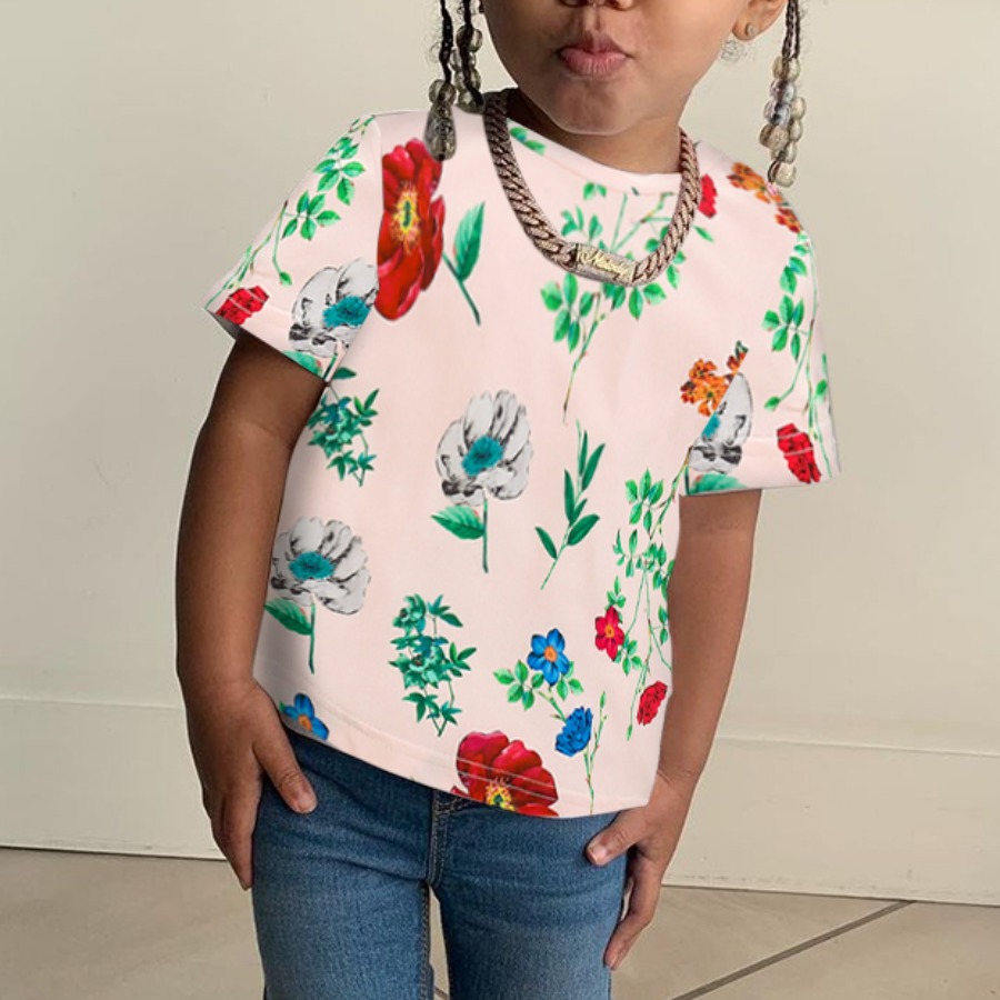 

Lovely Girl Casual O Neck Floral Print Light Pink T-shirt